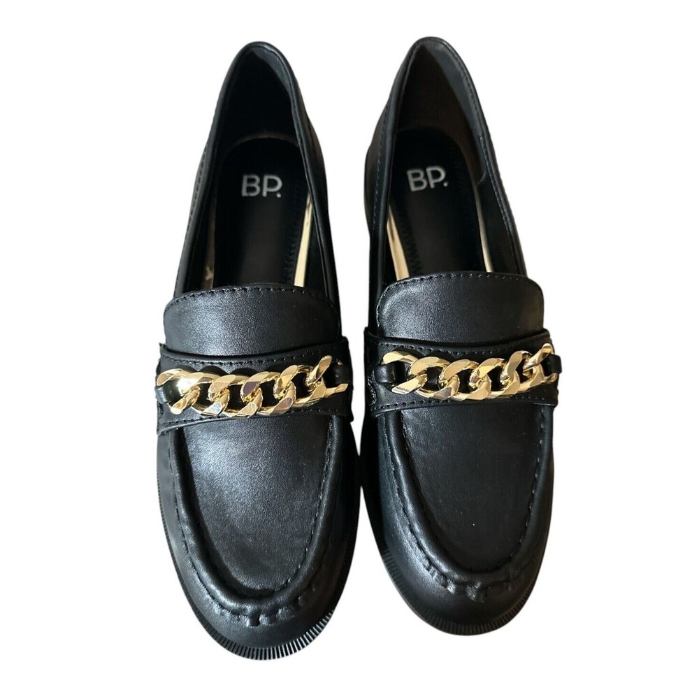 BP Black Faux Leather Blaire Loafer with Gold Chain Detail Size 6 NEW‎ with Box
